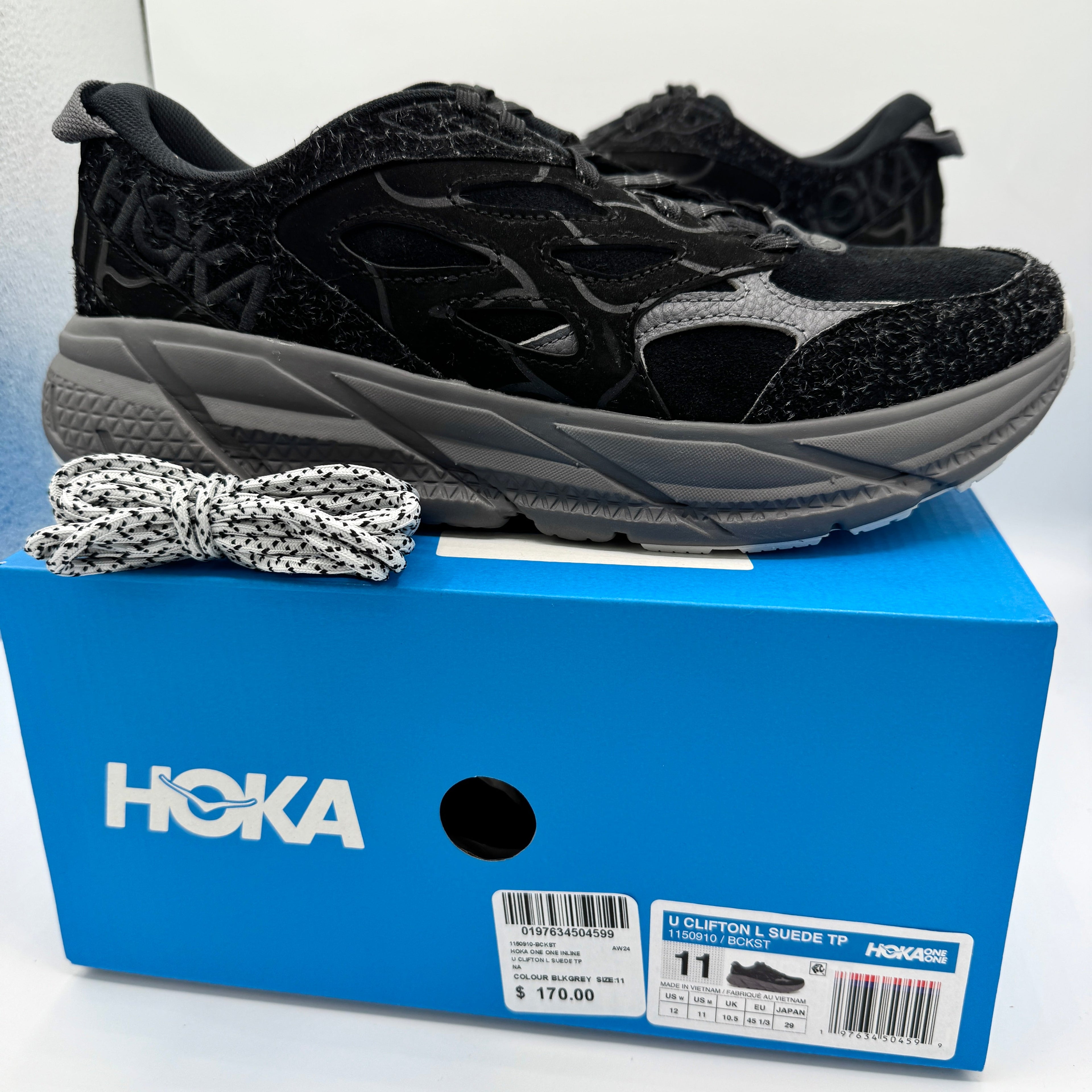 Hoka Clifton Elite Terrain System L Suede Leather Black Grey Unisex Sneakers