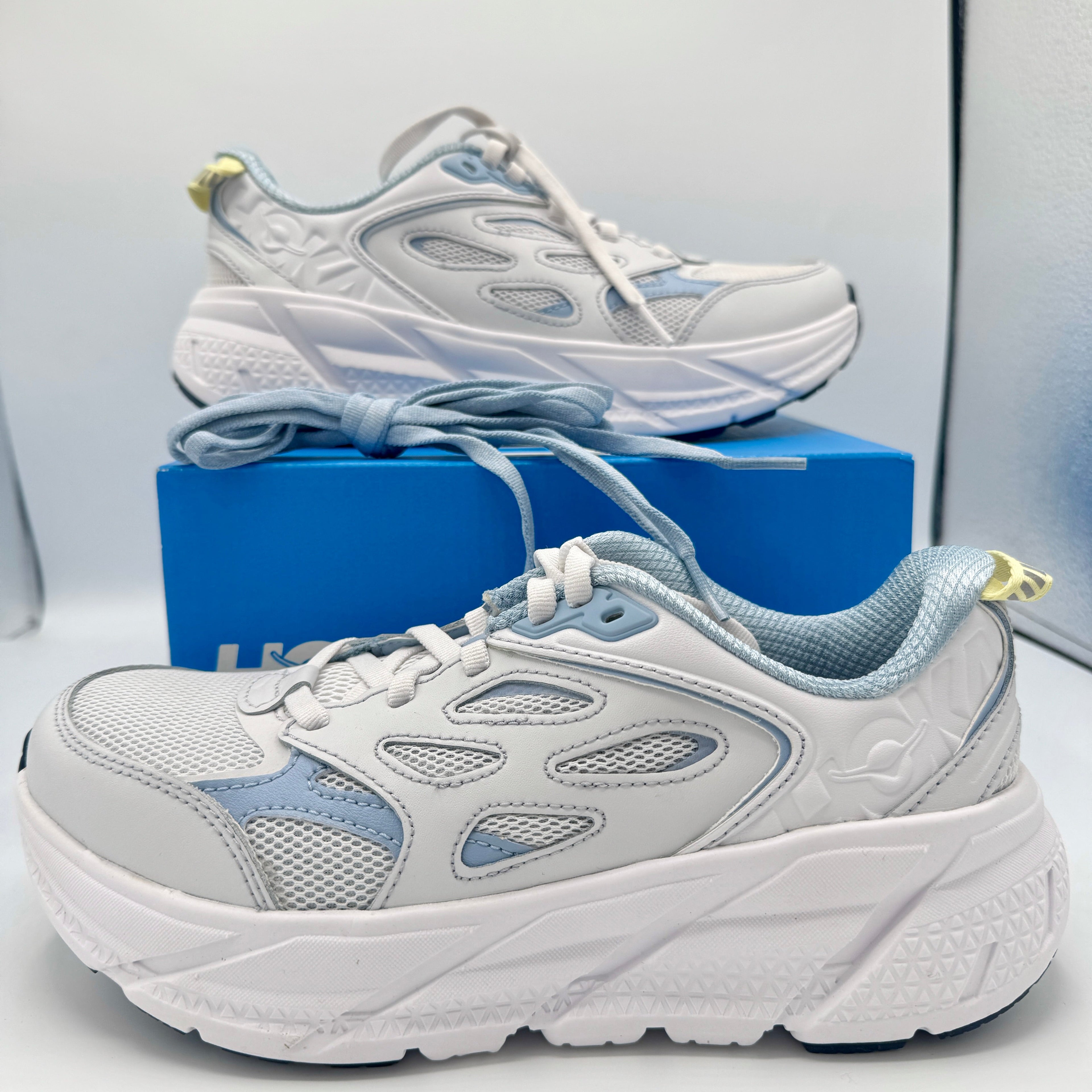 Hoka Clifton L Leather in Cosmic Grey / Varsity Navy Blue Unisex All Gender