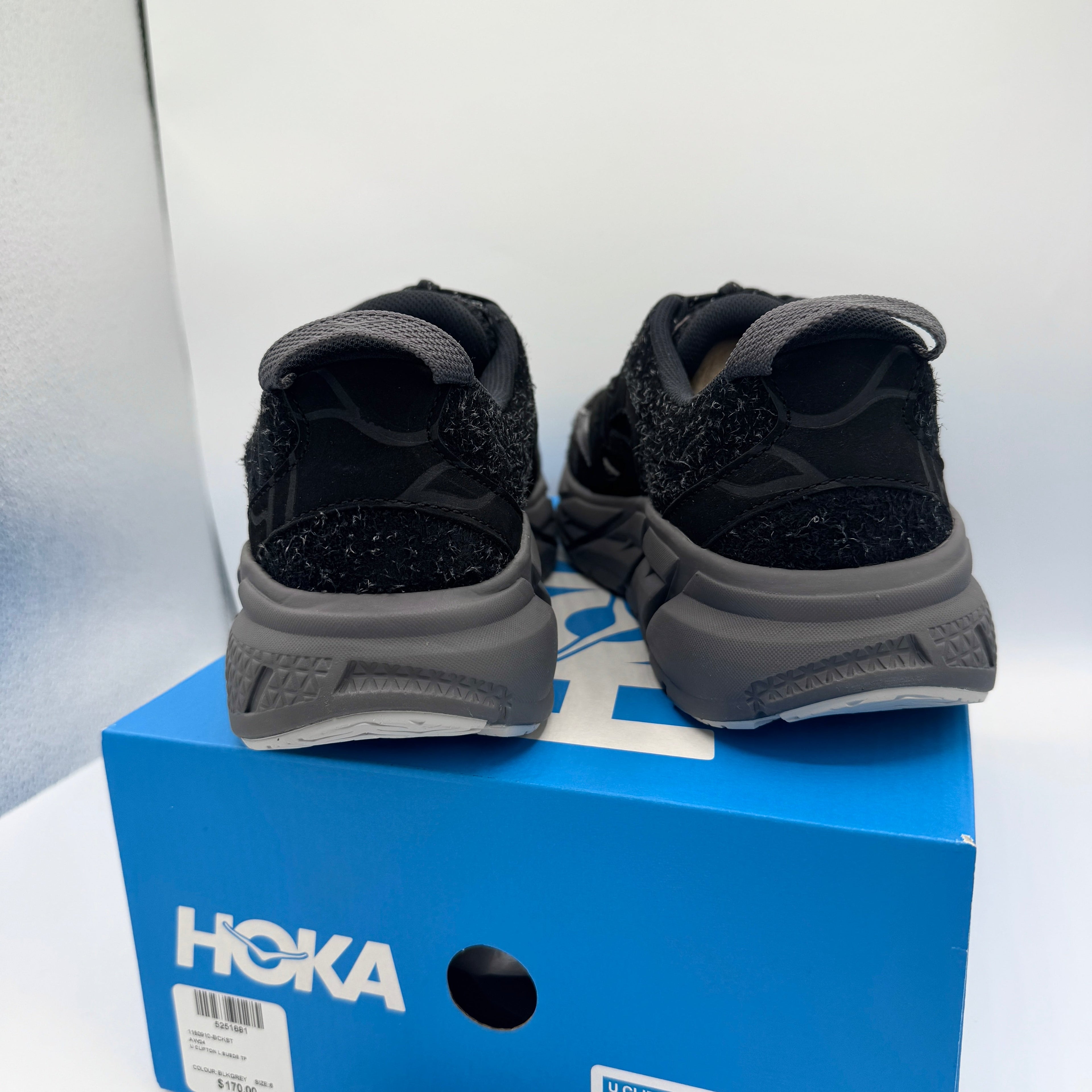 Hoka Clifton Elite Terrain System L Suede Leather Black Grey Unisex Sneakers