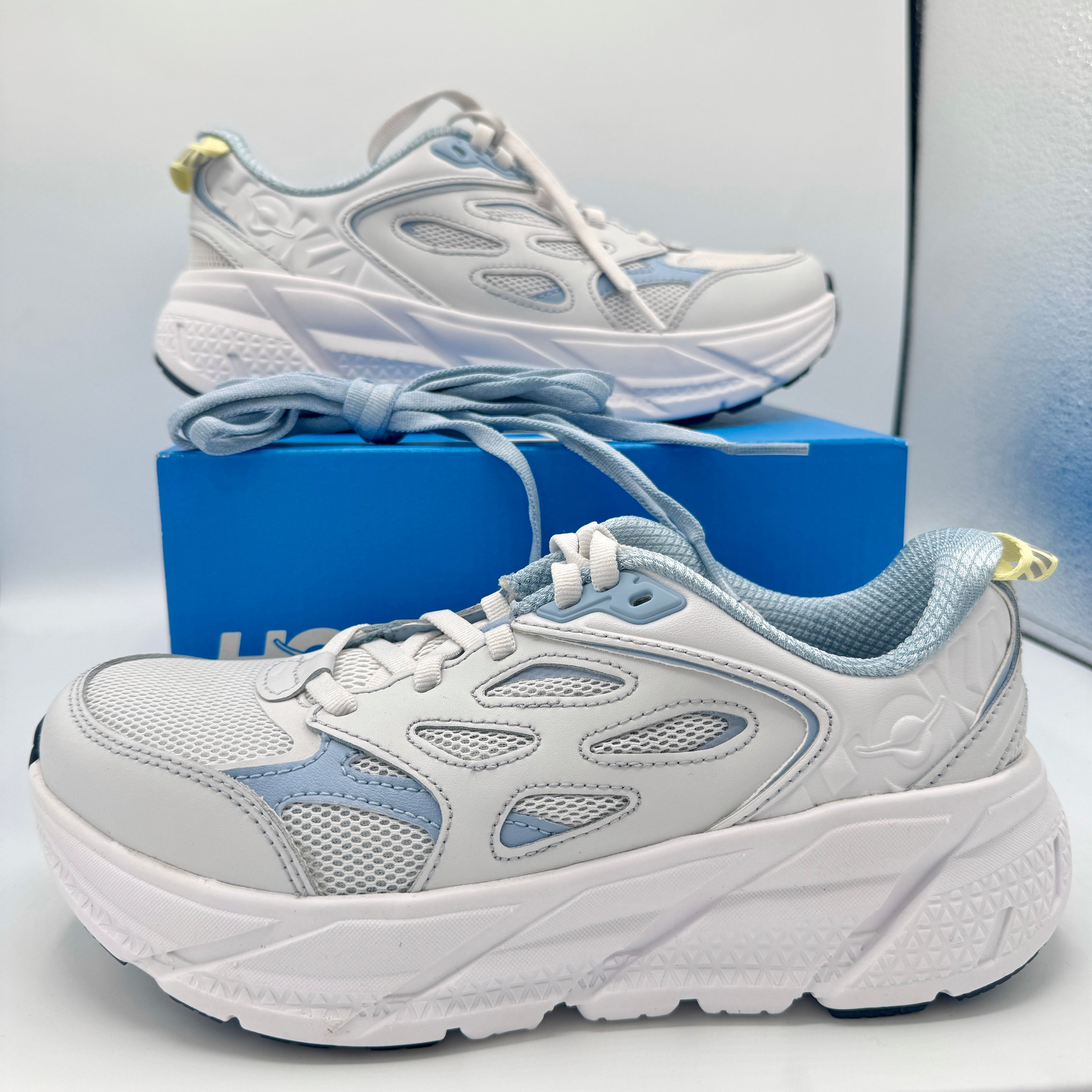 Hoka Clifton L Leather in Cosmic Grey / Varsity Navy Blue Unisex All Gender
