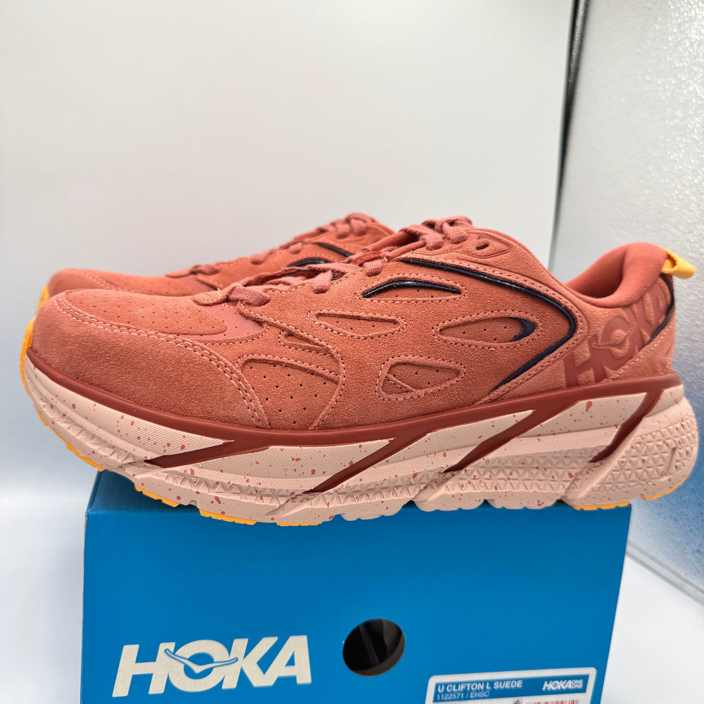 Hoka Clifton L Suede in Earthenware/ Hot Sauce Red Unisex Leather Sneakers
