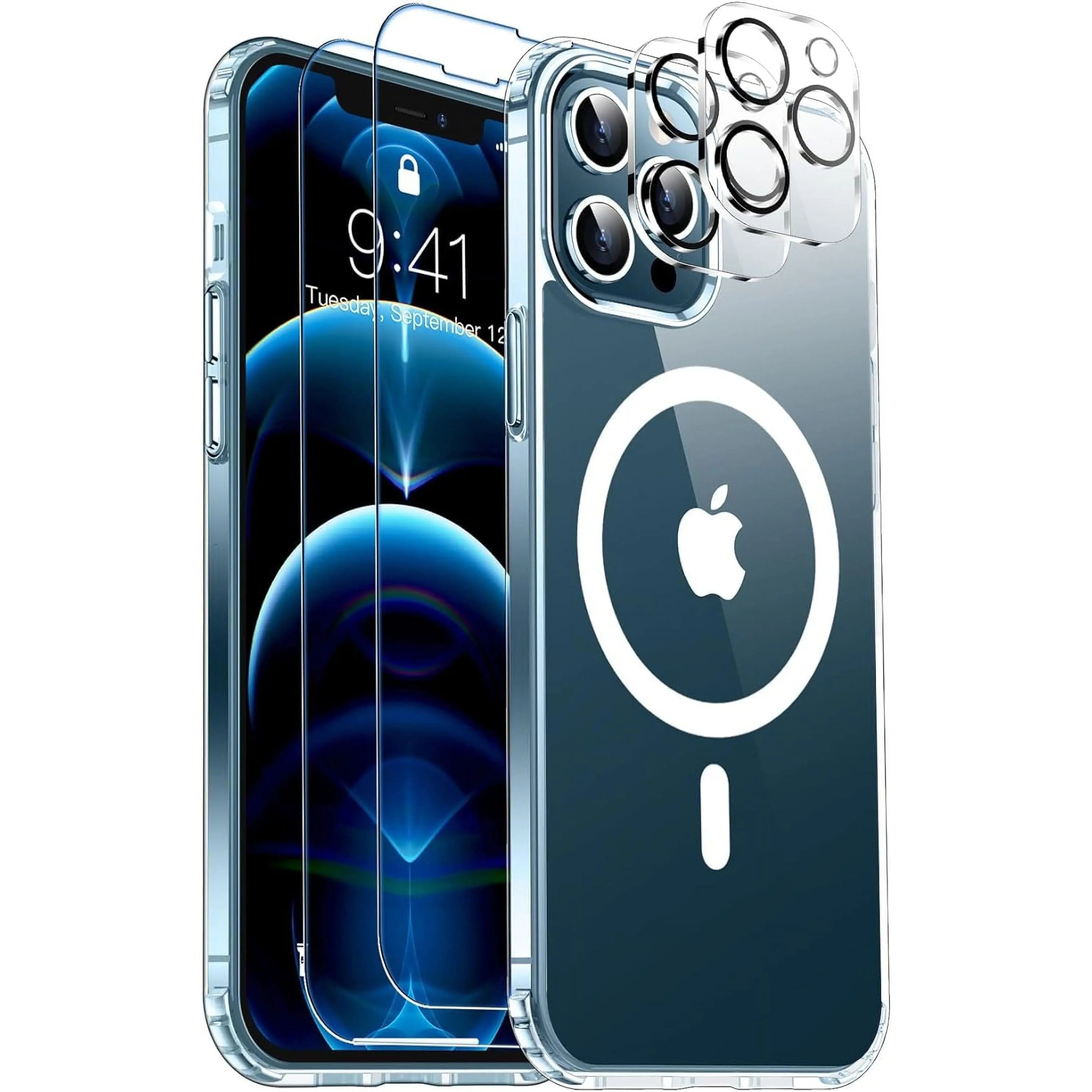 Entronix Bundle Compatible with iPhone 13 Pro Max - [Magnetic] Clear Case, 2 Clear Screen Protectors & 2 Camera Lens Protectors