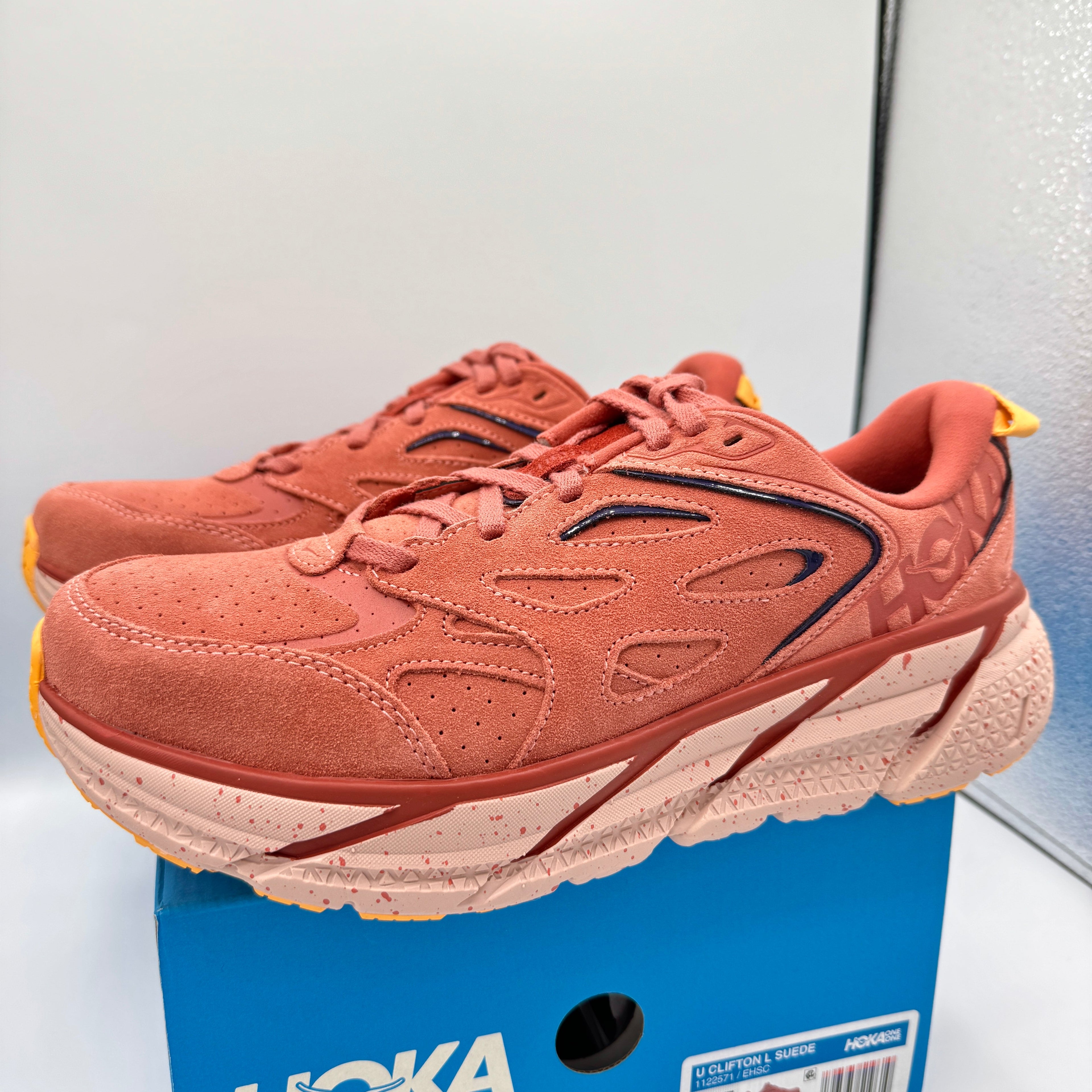 Hoka Clifton L Suede in Earthenware/ Hot Sauce Red Unisex Leather Sneakers