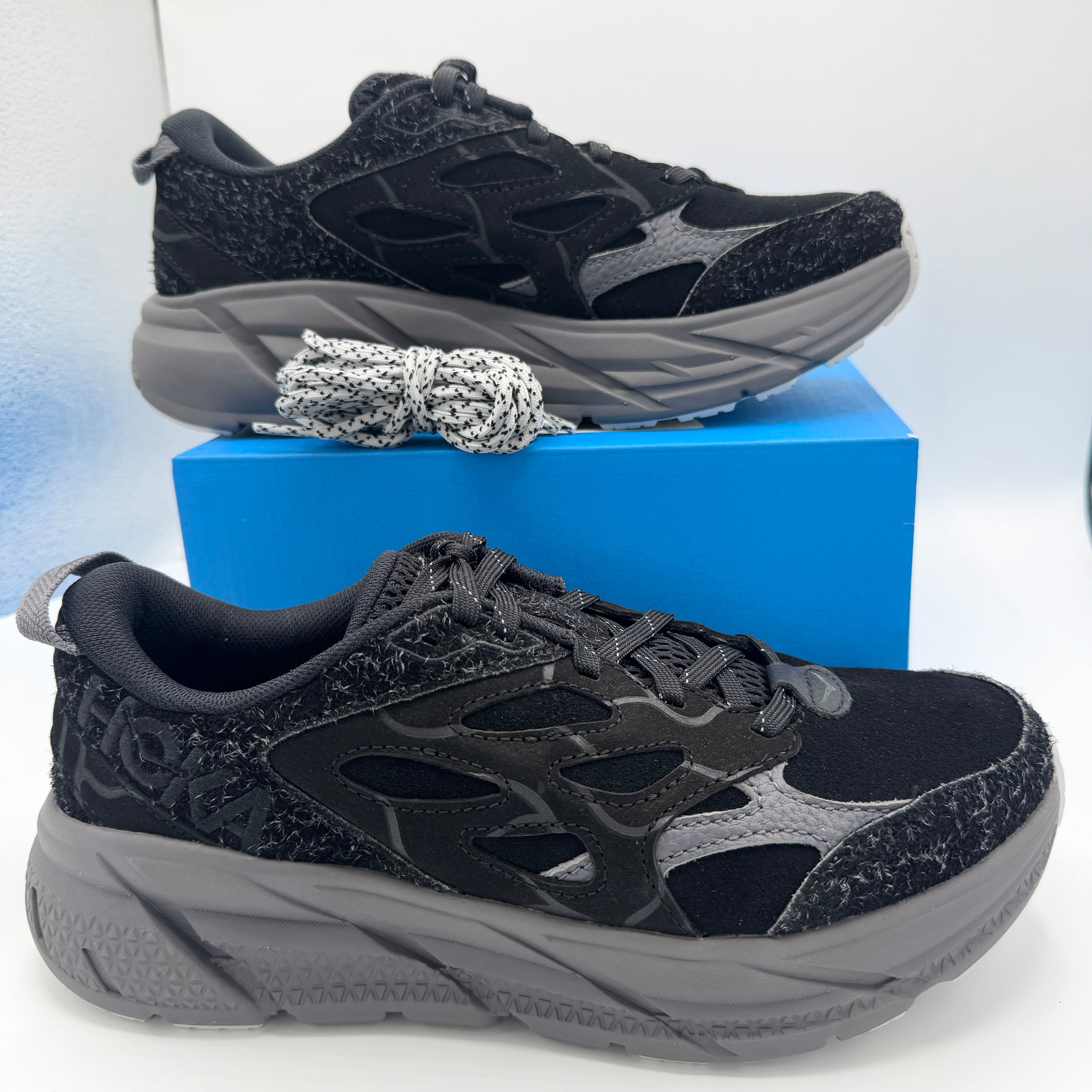 Hoka Clifton Elite Terrain System L Suede Leather Black Grey Unisex Sneakers