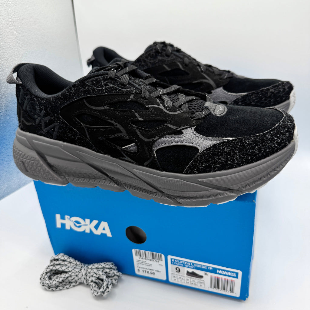 Hoka Clifton Elite Terrain System L Suede Leather Black Grey Unisex Sneakers