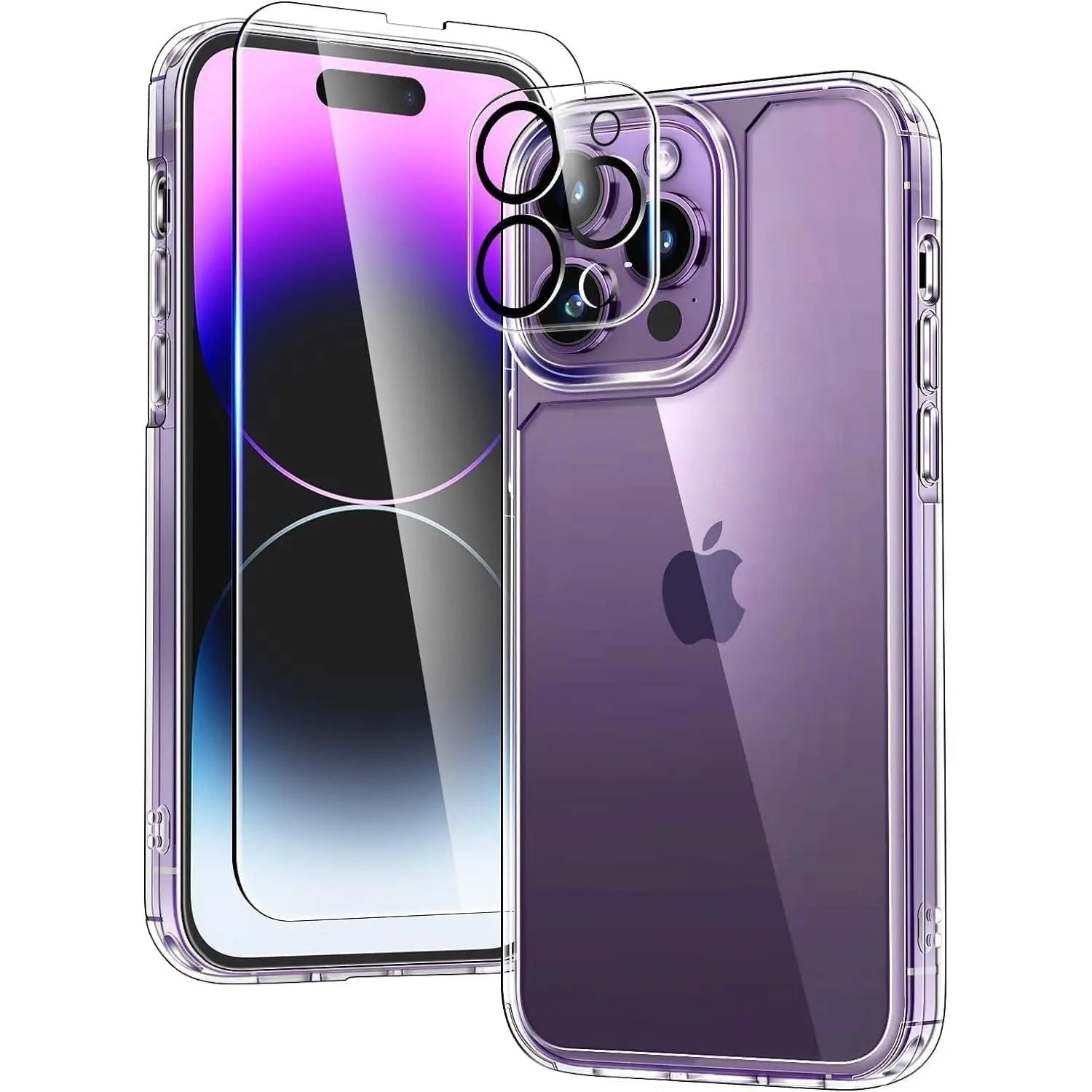Entronix Bundle Compatible with iPhone 14 Pro - [Hard Back] Clear Case, 1 Clear Screen Protector & 1 Camera Lens Protector