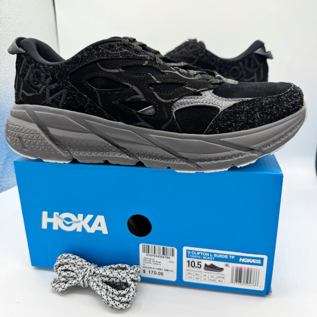 Hoka Clifton Elite Terrain System L Suede Leather Black Grey Unisex Sneakers