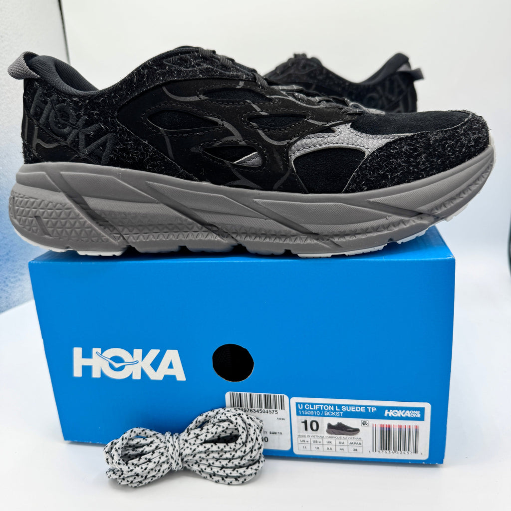 Hoka Clifton Elite Terrain System L Suede Leather Black Grey Unisex Sneakers