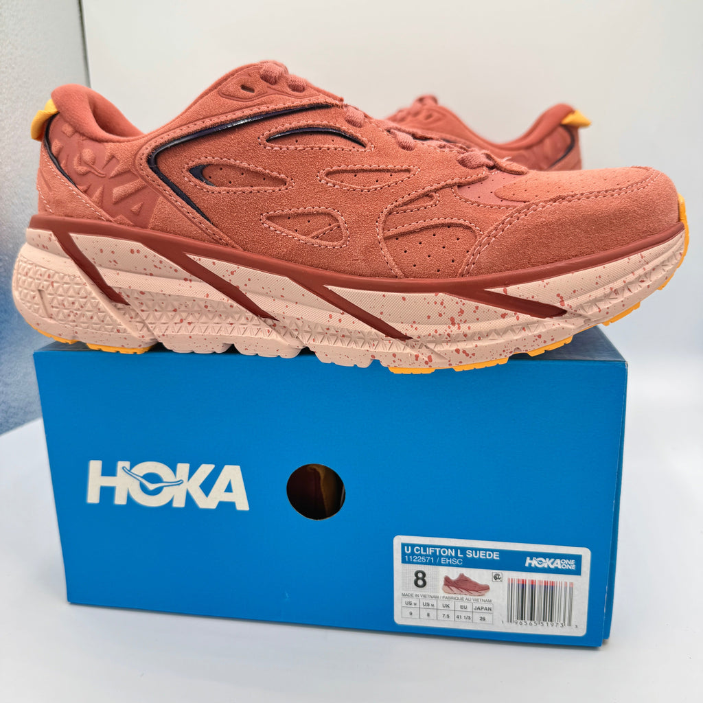 Hoka Clifton L Suede in Earthenware/ Hot Sauce Red Unisex Leather Sneakers