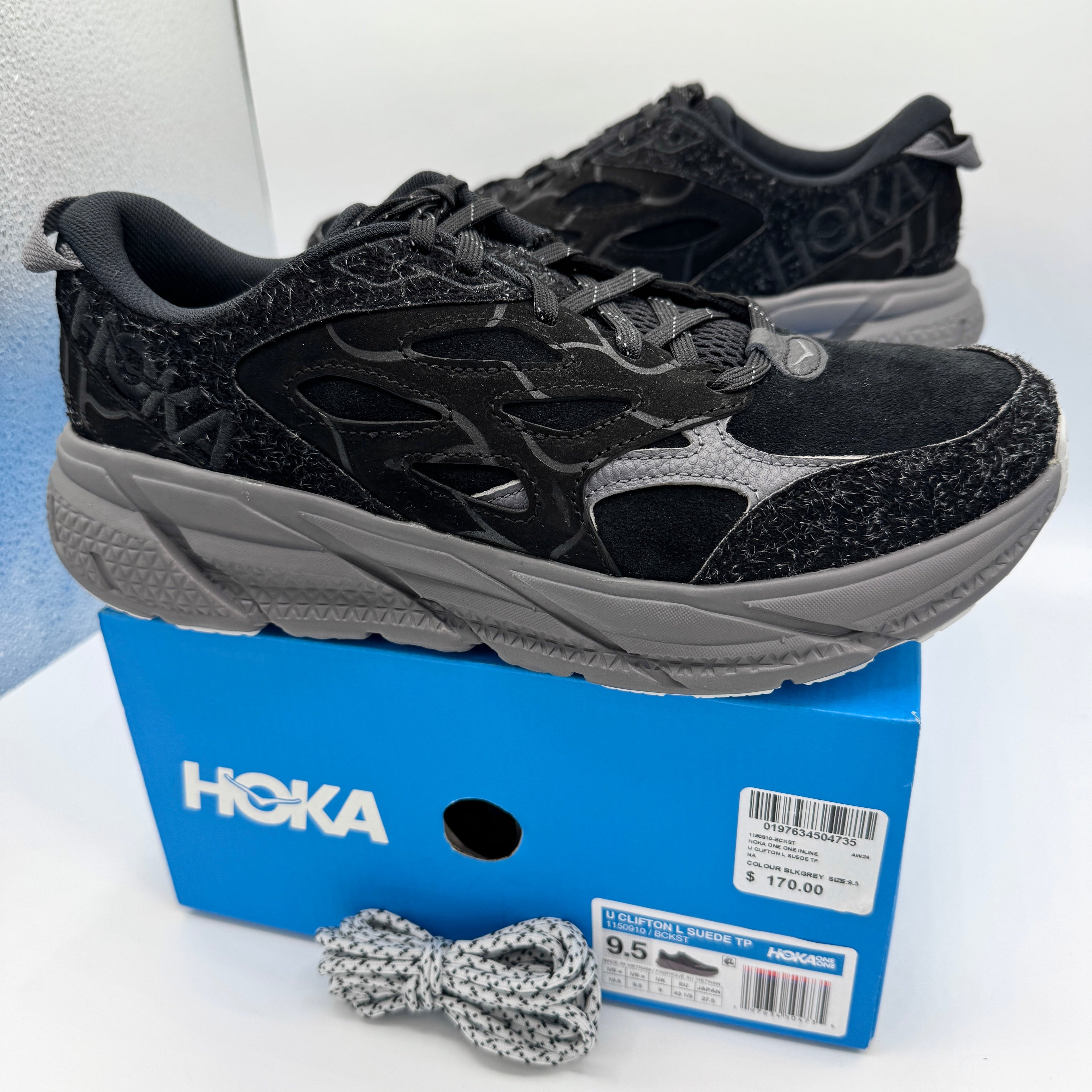 Hoka Clifton Elite Terrain System L Suede Leather Black Grey Unisex Sneakers