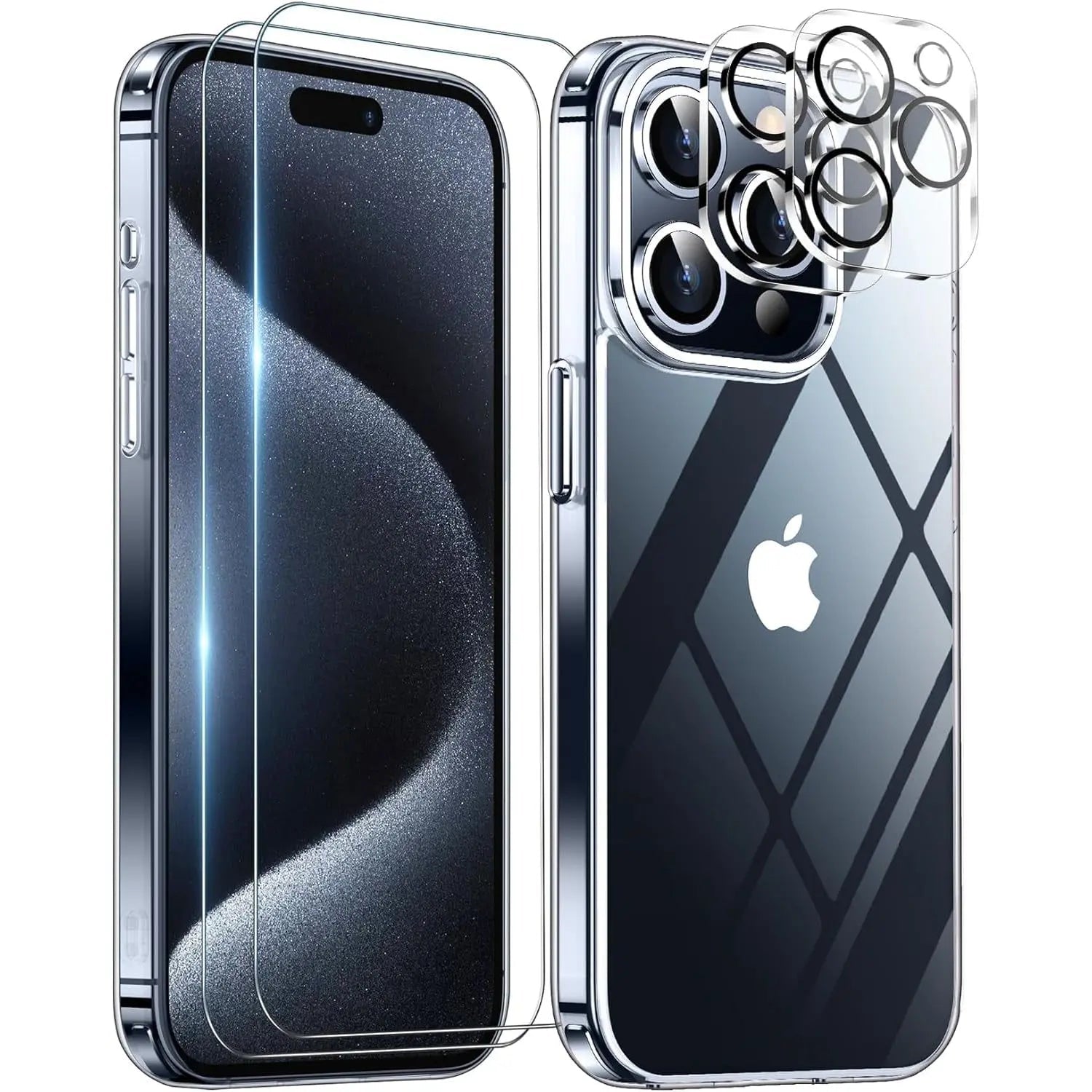 Entronix Bundle Compatible with iPhone 15 Pro Max - [Hard Back] Clear Case, 2 Clear Screen Protector & 2 Camera Lens Protectors