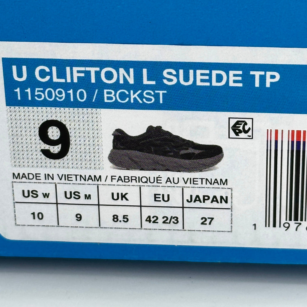 Hoka Clifton Elite Terrain System L Suede Leather Black Grey Unisex Sneakers