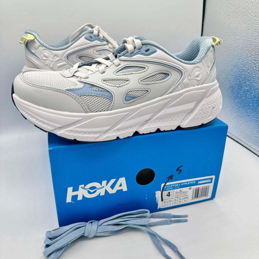 Hoka Clifton L Leather in Cosmic Grey / Varsity Navy Blue Unisex All Gender