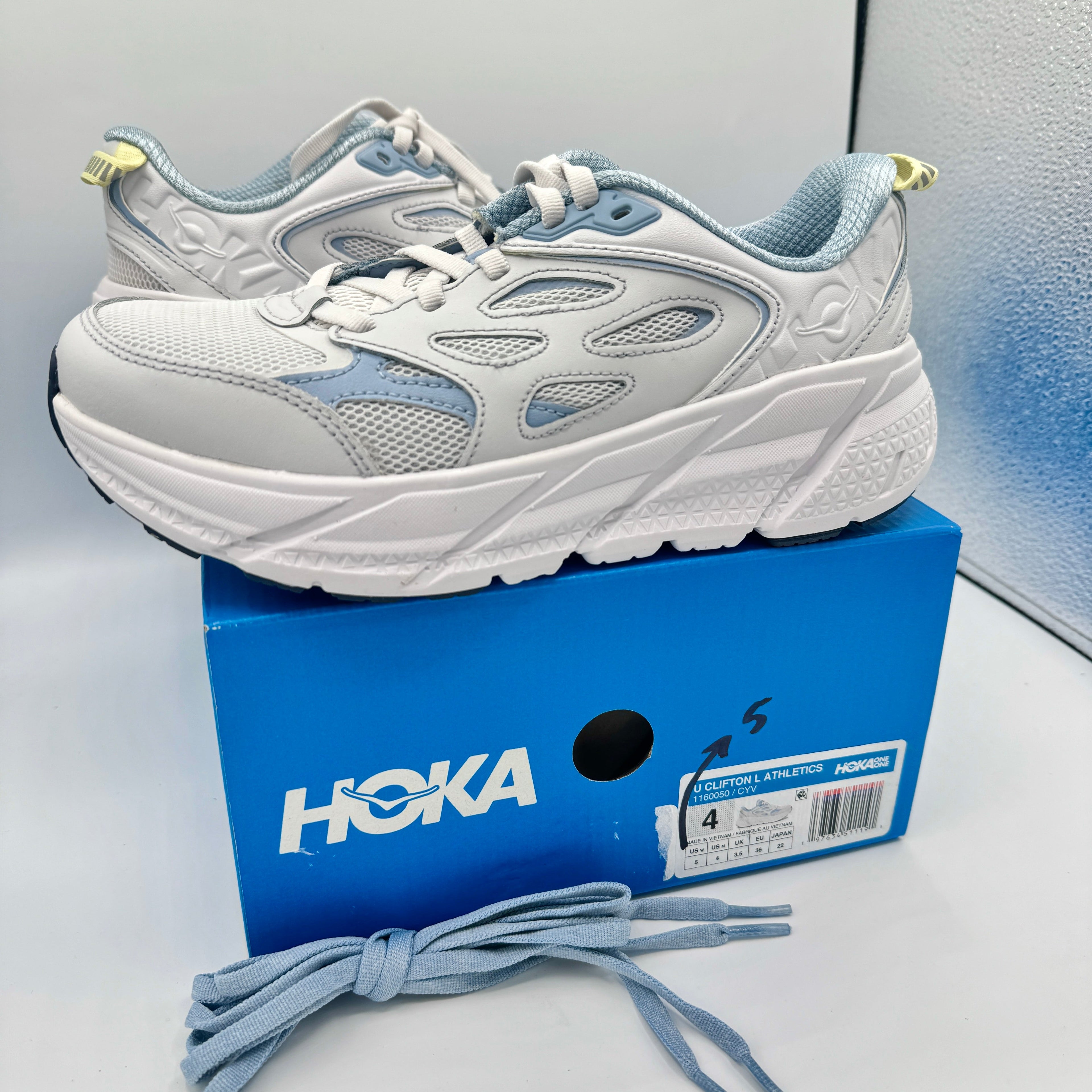 Hoka Clifton L Leather in Cosmic Grey / Varsity Navy Blue Unisex All Gender