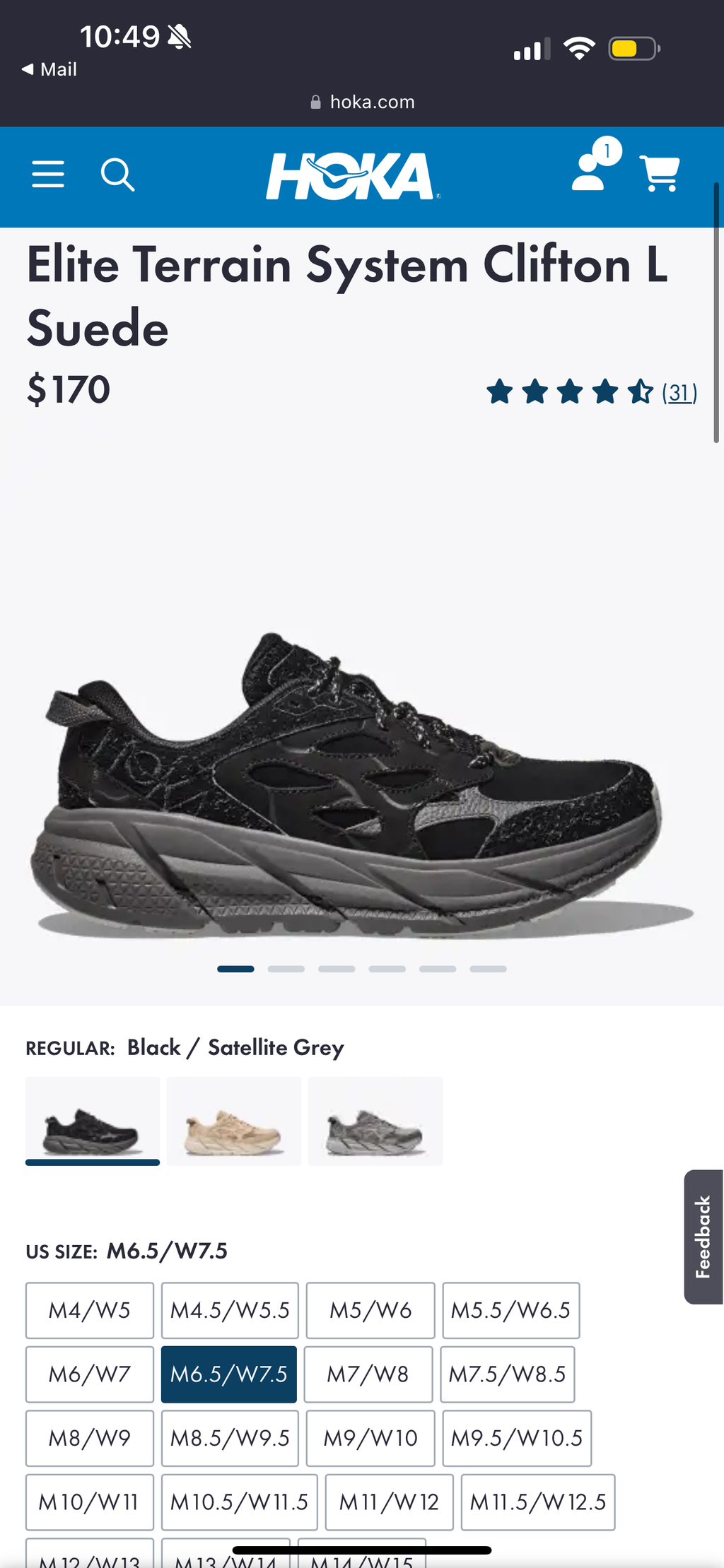Hoka Clifton Elite Terrain System L Suede Leather Black Grey Unisex Sneakers