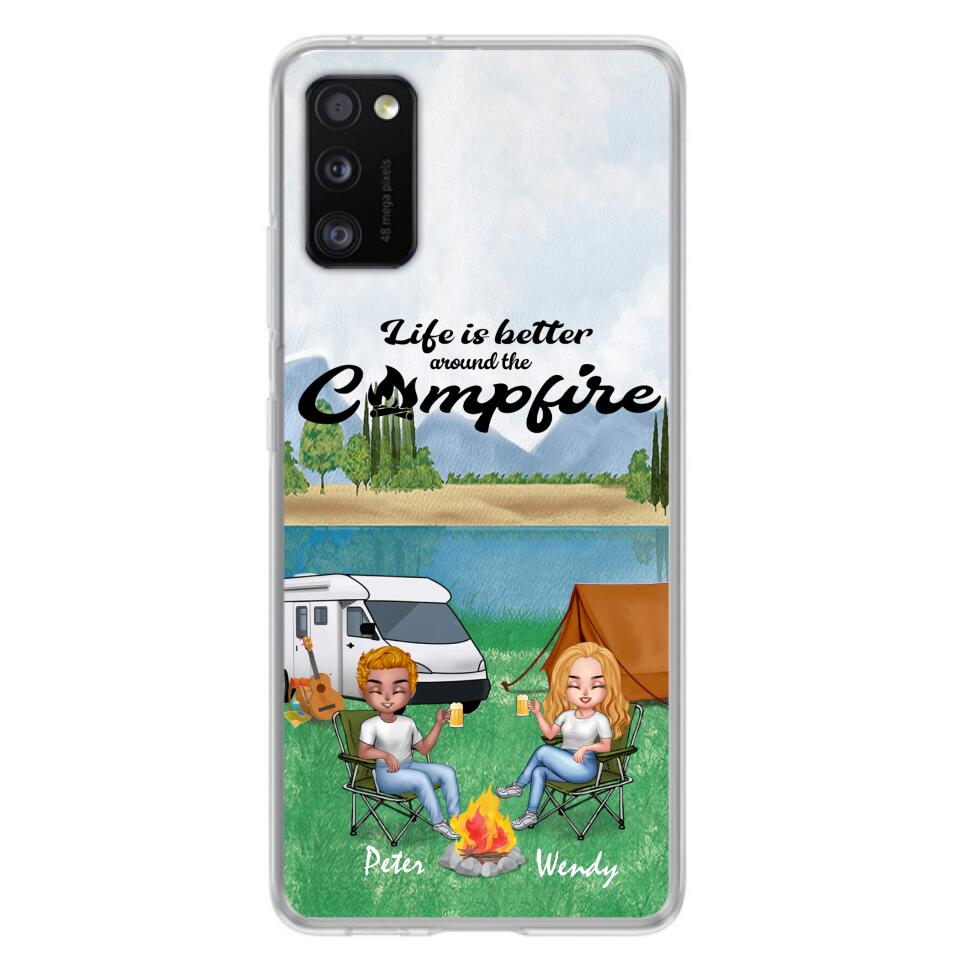 Personalized Camping Chibi Phone Case - Couple With Up to 2 Dogs - Gift Idea For Dog/Camping Lover - Life Is Better Around The Campfire - Case For iPhone And Samsung