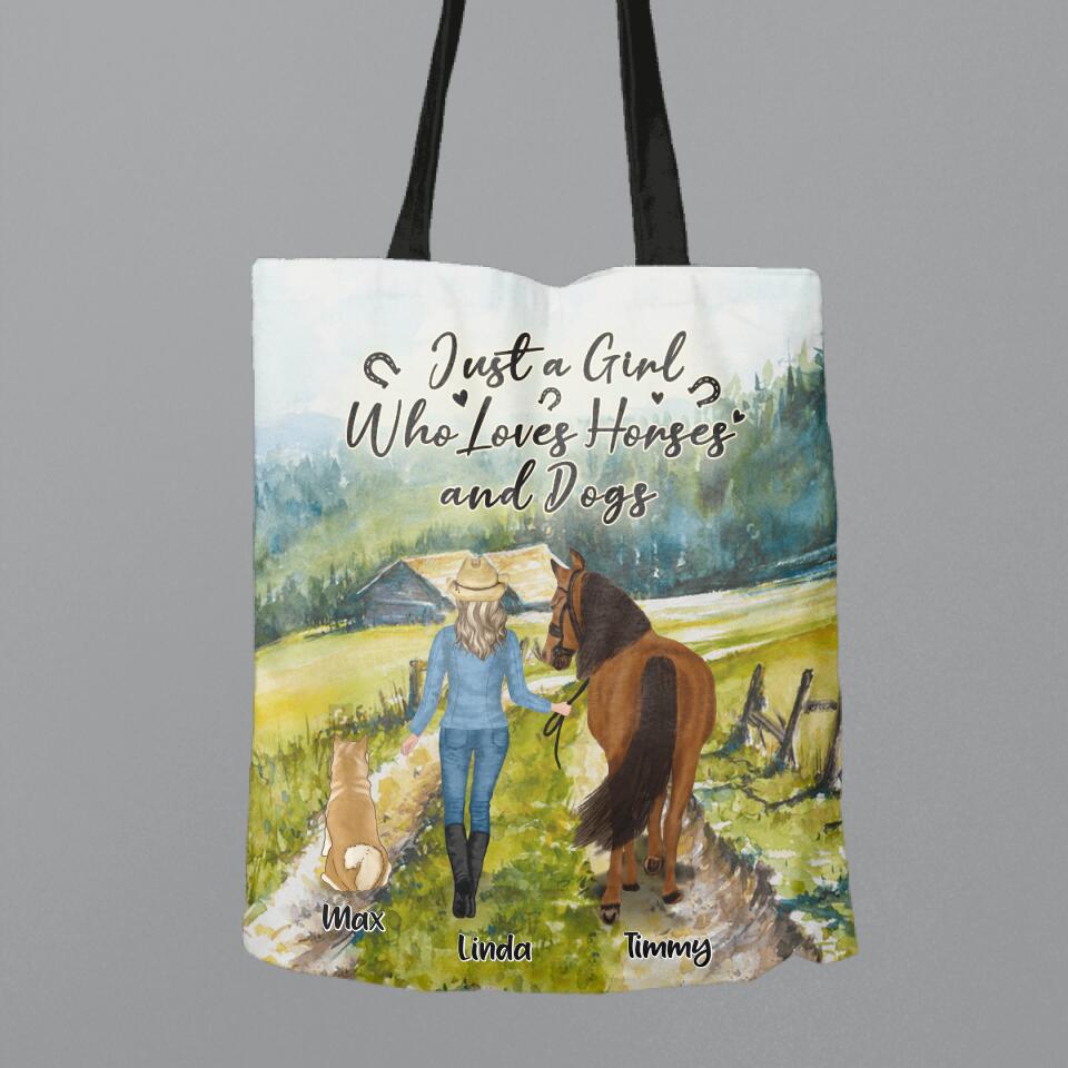 Personalized Horse And Dog Canvas Bag - Up to 2 Horses And 4 Dogs - Best Gift For Horse/Dog Lover - Just A Girl Who Loves Horses And Dogs