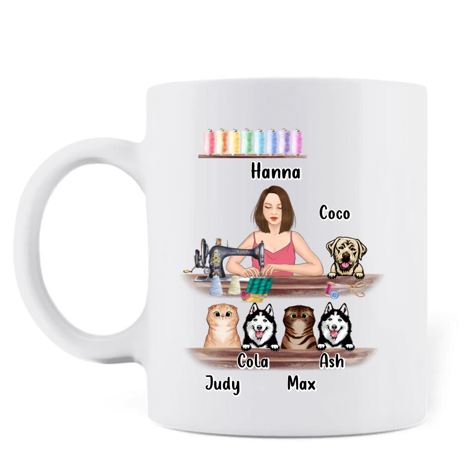 Personalized Sewing Coffee Mug - Gift For Sewing Lovers with up to 5 Pets - Sewing Mends The Soul