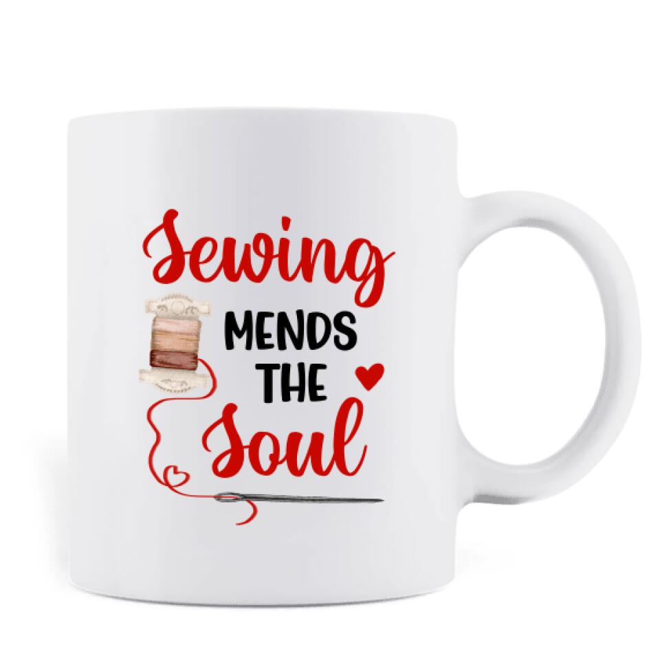 Personalized Sewing Coffee Mug - Gift For Sewing Lovers with up to 5 Pets - Sewing Mends The Soul