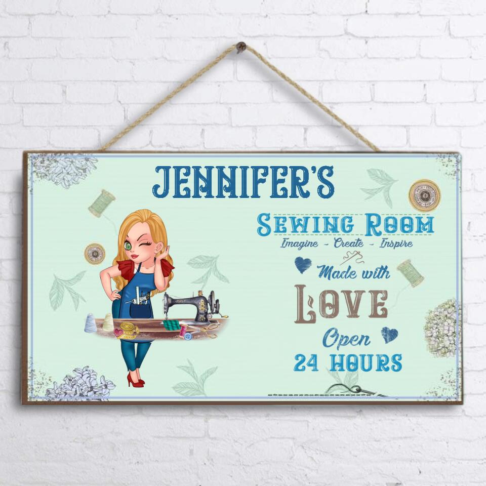 Personalized Sewing Door Sign - Gift Idea For Sewing Lover - Sewing Room, Imagine, Create, Inspire, Made With Love Open 24 Hours