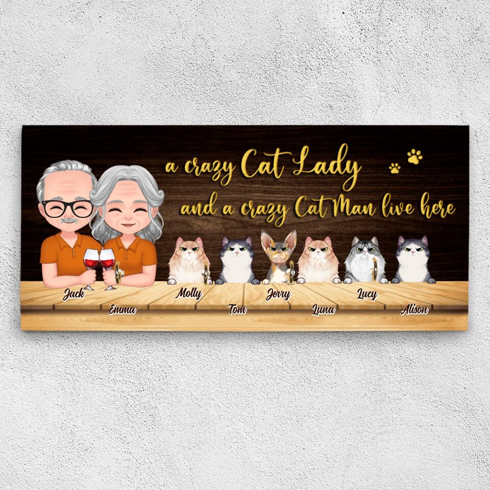 Personalized Cat Couple Key Holder - Up to 6 Cats - Gift Idea for Couple/Cat Lover - A Crazy Cat Lady And A Crazy Cat Man Live Here