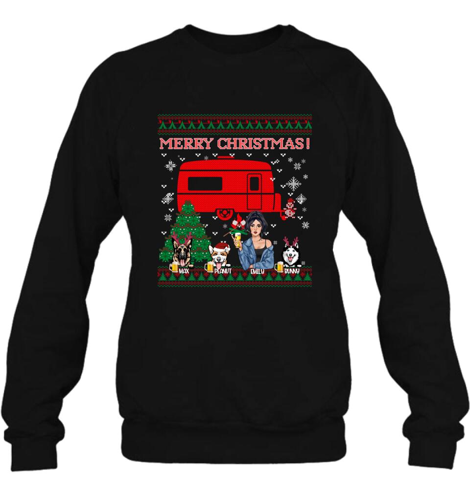 Personalized Dog Mom Camping Sweatshirt - Up to 3 Dogs - Merry Christmas