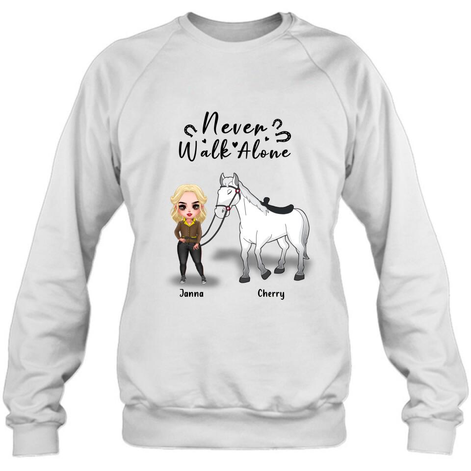 Personalized Horse Girl Chibi Hoodie/Sweatshirt/T-shirt/Long Sleeve - Gift For Horse Lovers with up to 2 Horses - Never Walk Alone