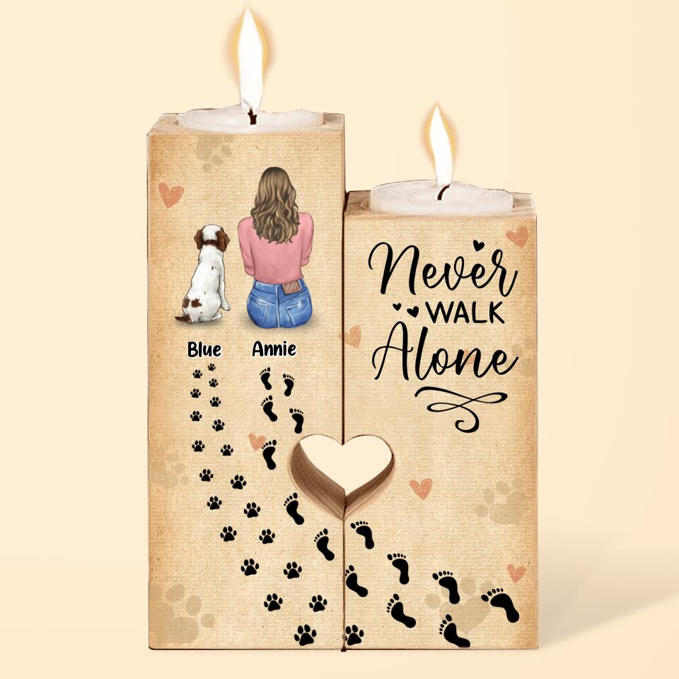 Personalized Dog Mom Heart Candle Holder - Memorial Gift Idea For Dog Lover with up to 3 Dogs - Never Walk Alone