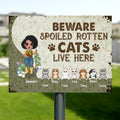 Personalized Pet Garden Metal Sign - Up to 7 Pets - Funny Gardening Gift For Dog/Cat Lover - Beware Spoiled Rotten Cats Live Here