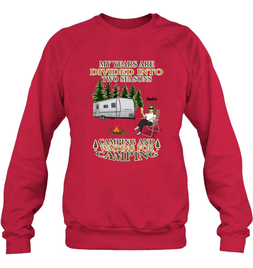 Personalized Camping Shirt/Pullover Hoodie - Man/Woman/Couple With Up to 3 Pets - Gift Idea For Camping Lover - My Years Are Divided Into Two Seasons Camping And Waiting For Camping