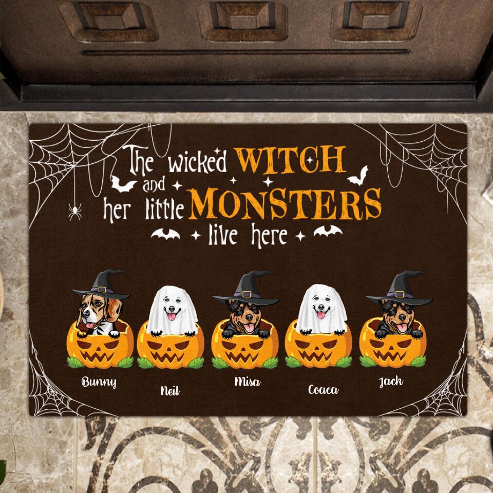 Personalized Halloween Dogs Doormat - Up to 5 Dogs - The Wicked Witch And Her Little Monsters  Live Here Halloween