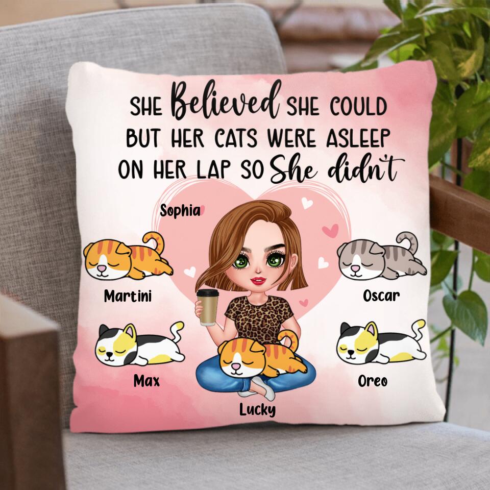 Personalized Cat Mom Pillow Cover - Gift Idea For Cat Owner with up to 5 Cats - Her Cats Were Asleep On Her Lap