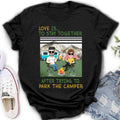 Personalized Camping Couple Shirt/Hoodie - Couple With Up to 4 Dogs - Gift Idea For Camping/Dog Lover - Love Is To Stay Together After Trying To Park The Camper