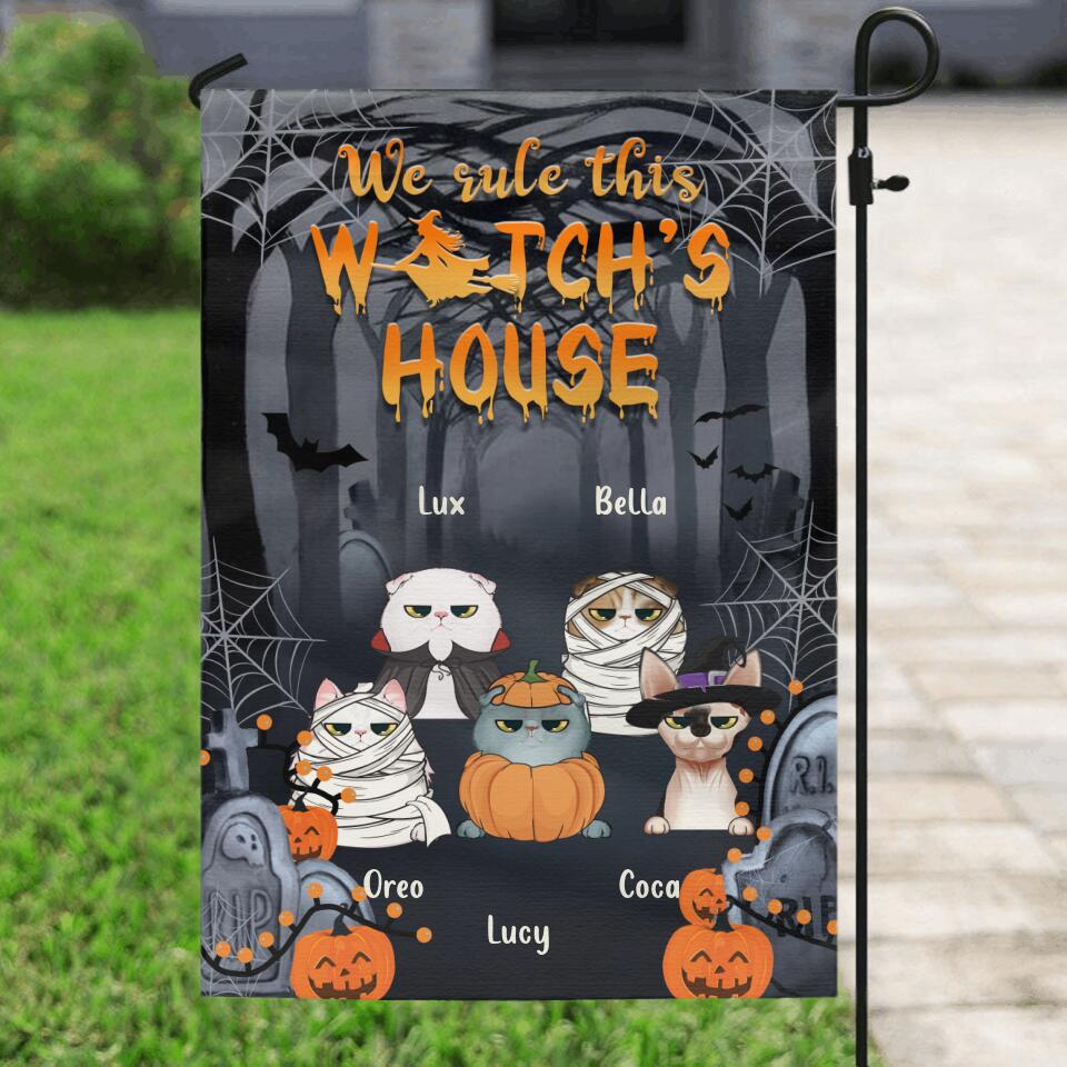 Custom Personalized Halloween Flag Sign - Gift Idea For Halloween/ Cat Owner with up to 5 Cats - We Rule This Witch's House