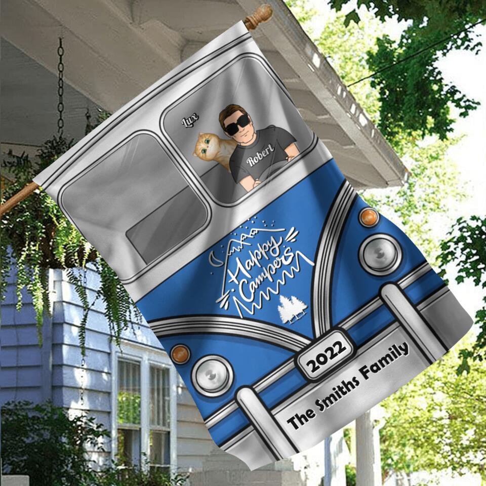 Personalized Happy Campers Flag Sign - Up to 3 Kids And 3 Pets - Camping Gift For Family Members, Campers/Dog/Cat Lover