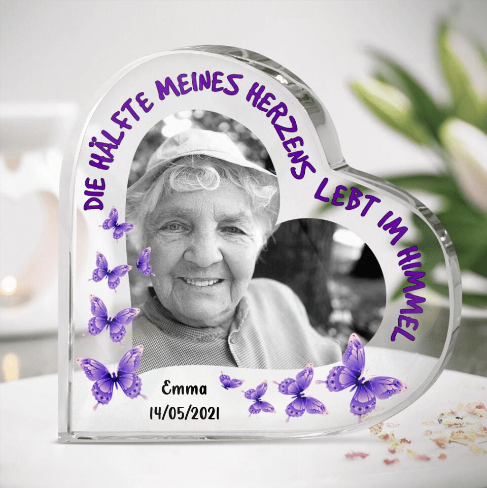 Personalized Memorial Acrylic Plaque - Upload Dad/Mom Photo - Germany Quotes - Die hälfte meines herzens lebt im himmel