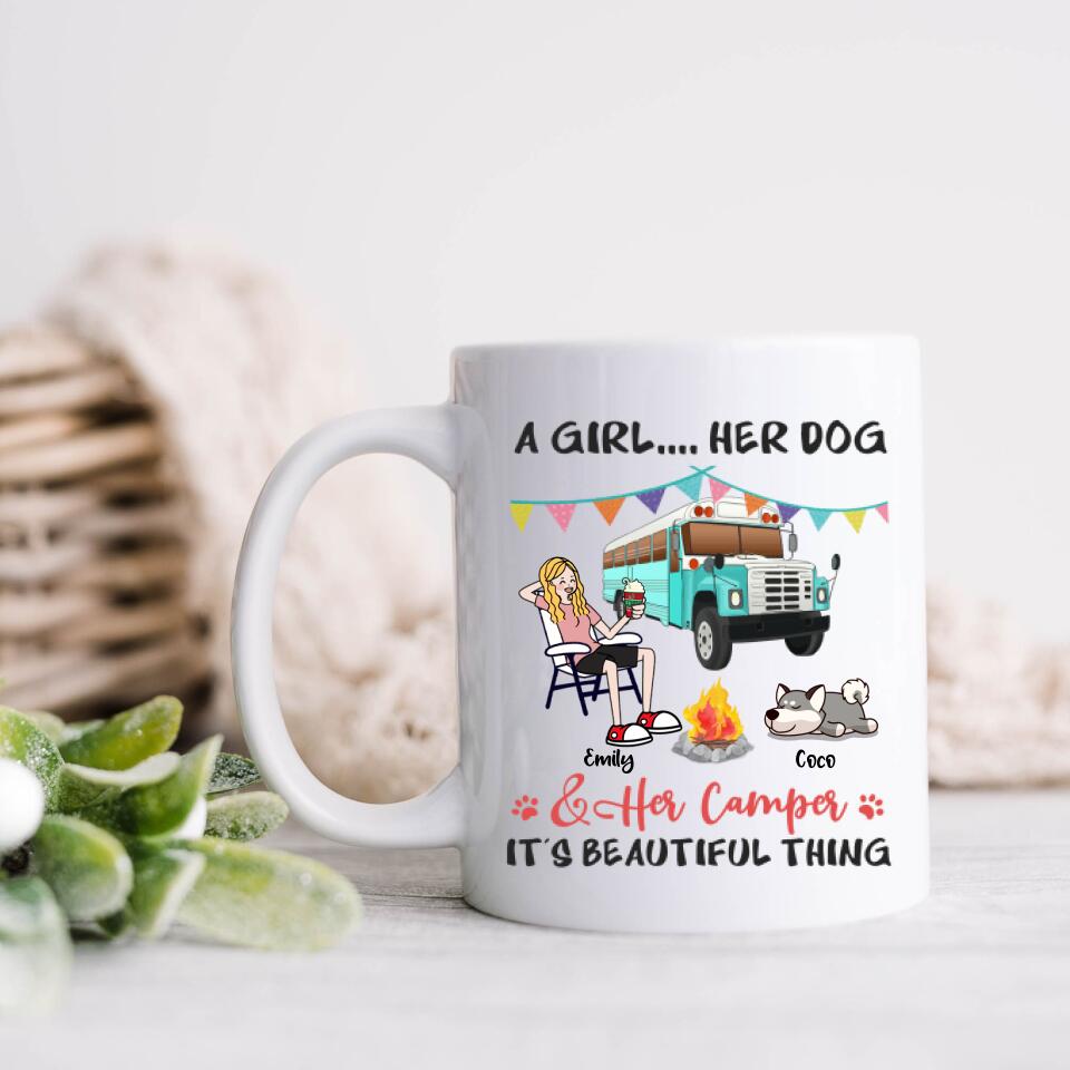 Personalized A Camping Girl And Her Pet Coffee Mug - Up to 3 Pets - Gift For Dog/Cat/Camping Lover