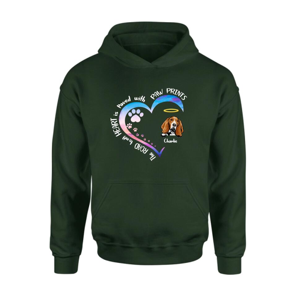 Personalized Dog Shirt/Pullover Hoodie - Up to 3 Dogs - Memorial Gift Idea For Dog Lover - The Road To My Heart Is Paved With Paw Prints