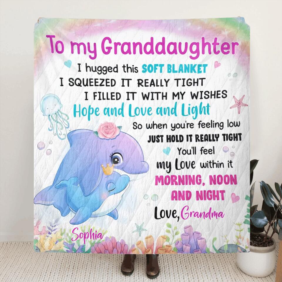 Personalized Grandma & Grandkid Sea Animal Fleece Throw Blanket/Quilt - Gift Idea For Granddaughter/Grandson - To My Granddaughter, I Hugged This Soft Blanket
