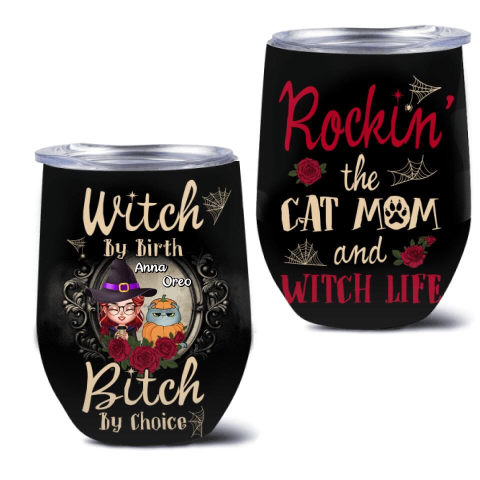 Personalized Halloween Cat Mom Wine Tumbler - Gift Idea For Halloween/Cat Lover with up to 4 Cats - Rockin' The Cat Mom and Witch Life