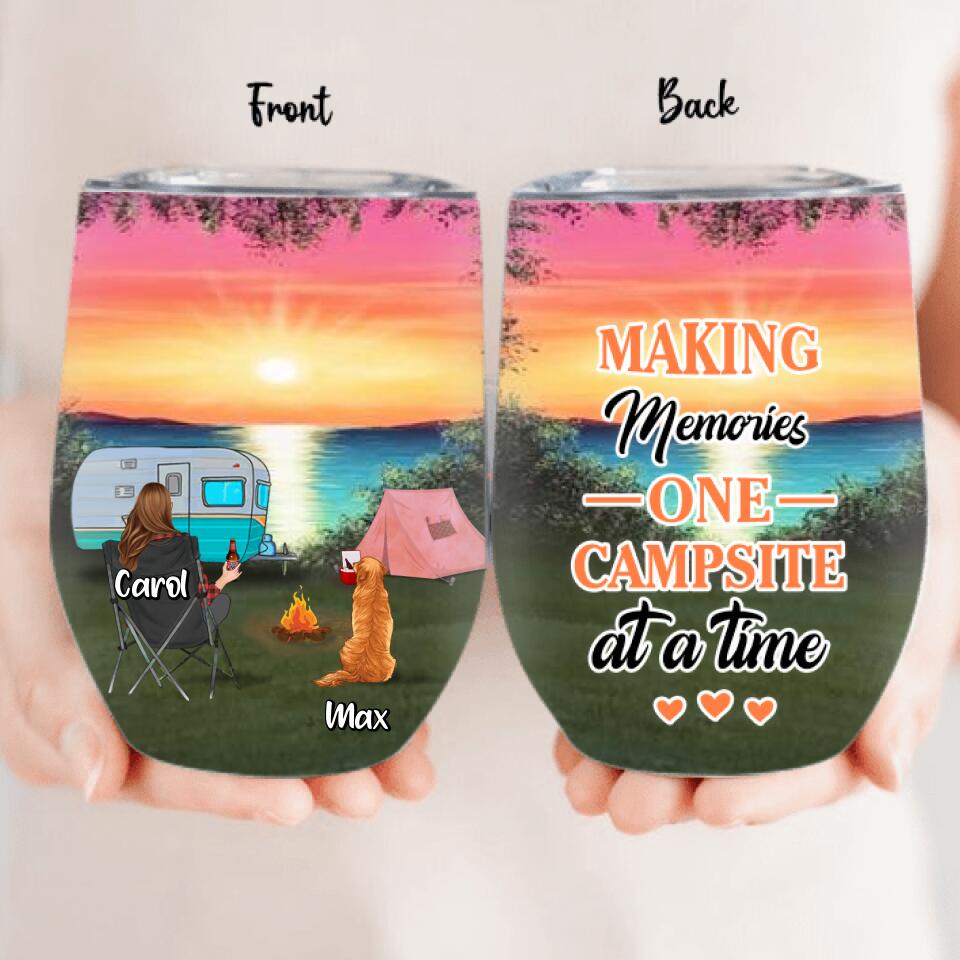 Personalized Camping Wine Tumbler - Couple With Up to 2 Kids And 3 Pets - Gift Idea For Camping Lover - Making Memories One Campsite At A Time