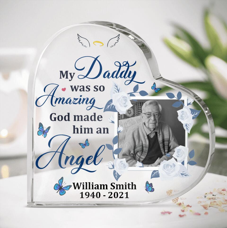 Personalized Photo Memorial Crystal Heart - Memorial Gift Idea For Loss Of Family Members/Grandma/Grandpa - My Daddy Was So Amazing, God Made Him An Angel