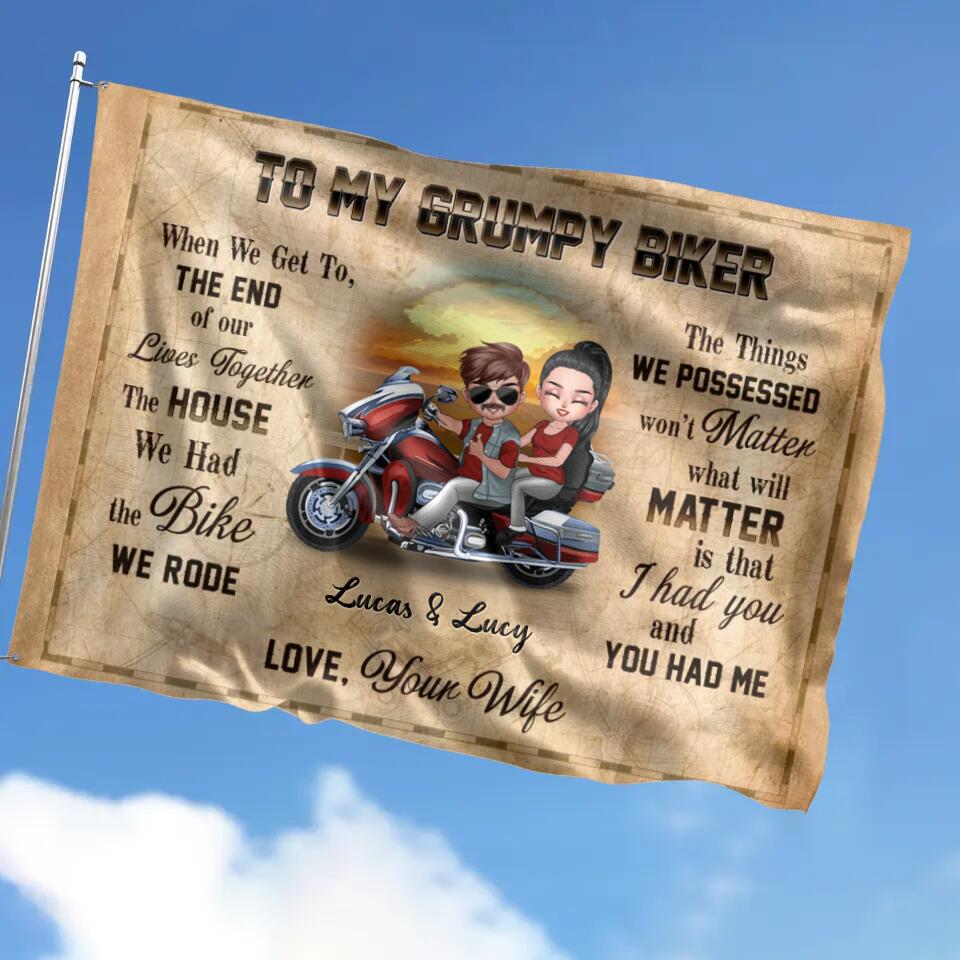 Personalized Couple Riding Flag Sign - Gift To Couple/Gift To Husband From Wife - To My Grumpy Biker