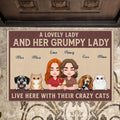 Personalized Couple With Pets Doormat - Gift Idea For LGBT Couple/Dog/Cat Lovers - Up to 4 Pets - A Lovely Lady And Her Grumpy Lady Live Here With Their Crazy Cats