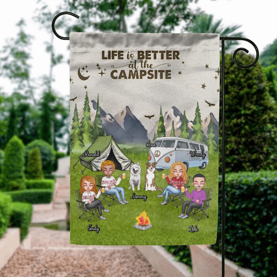 Personalized Camping Flag - Up to 4 People and 2 Pets - Gift Idea For Couple/Camping/Dog/Cat Lovers - Life Is Better At The Campsite