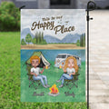 Personalized Camping Flag Sign - Up to 4 People and 2 Pets - Gift Idea For Couple/Camping/Dog/Cat Lovers - This Is Our Happy Place