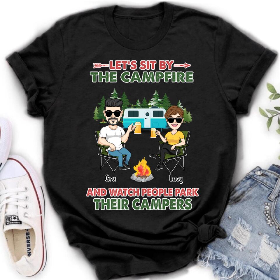 Personalized Couple With Dogs Camping Shirt/Hoodie - Couple With Up to 4 Dogs - Gift For Couple/Camping/Dog Lover - Let's Sit By The Campfire