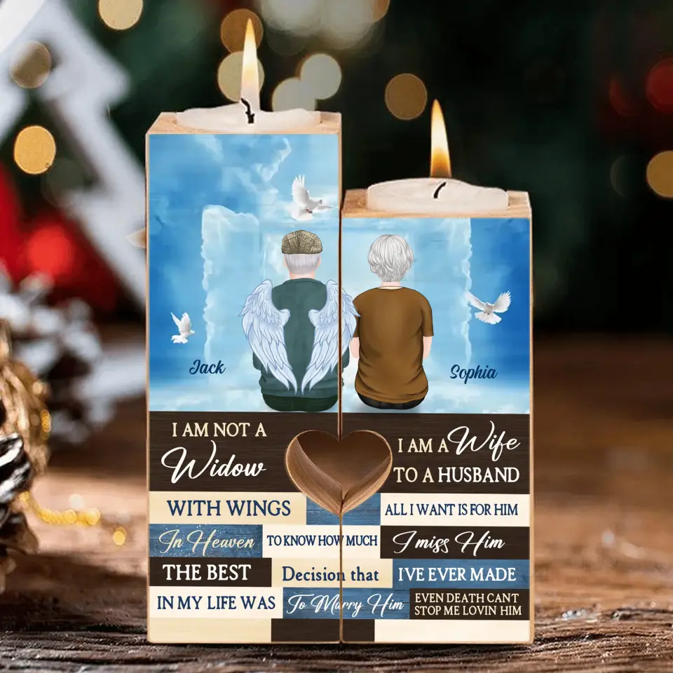 Personalized Couple Heart Candle Holder - Memorial Gift Idea For Couple - I Am Not A Widow I Am A Wife To A Husband With Wings