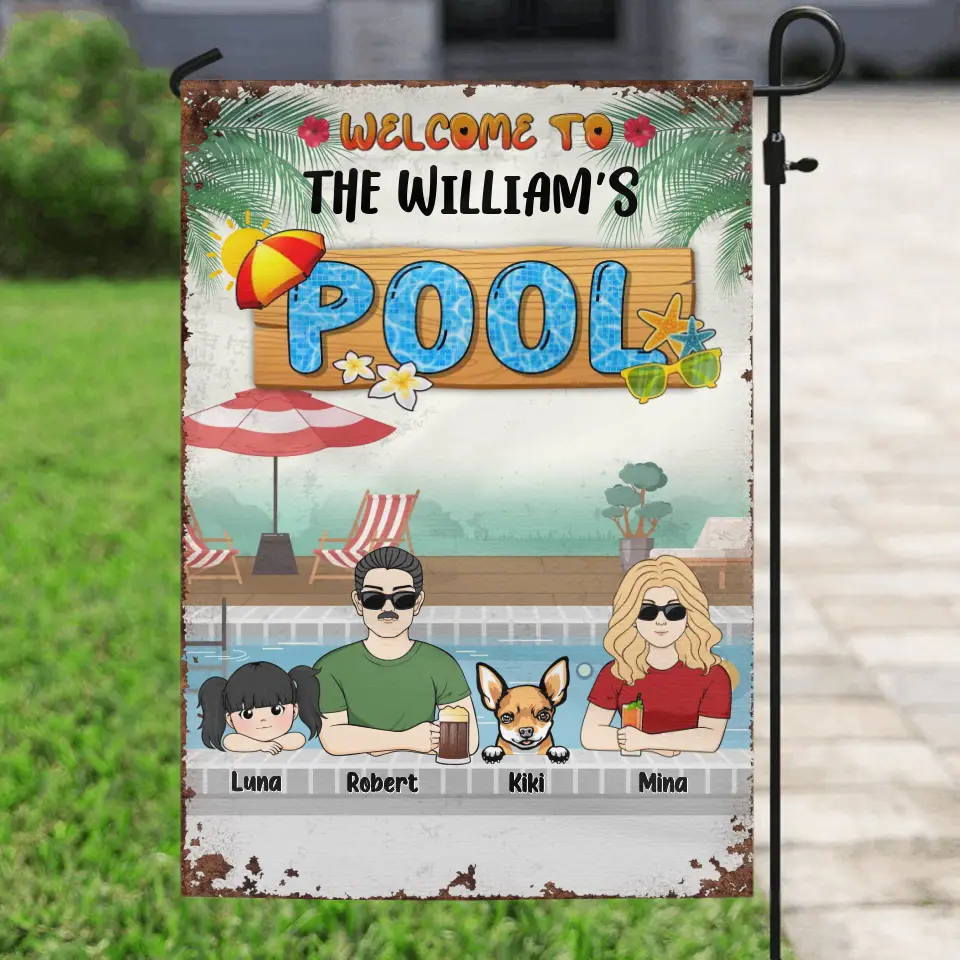 Personalized Family Flag Sign - Gift Idea For Family/Dog Lover - Up to 4 Kids - Welcome To The William's Pool