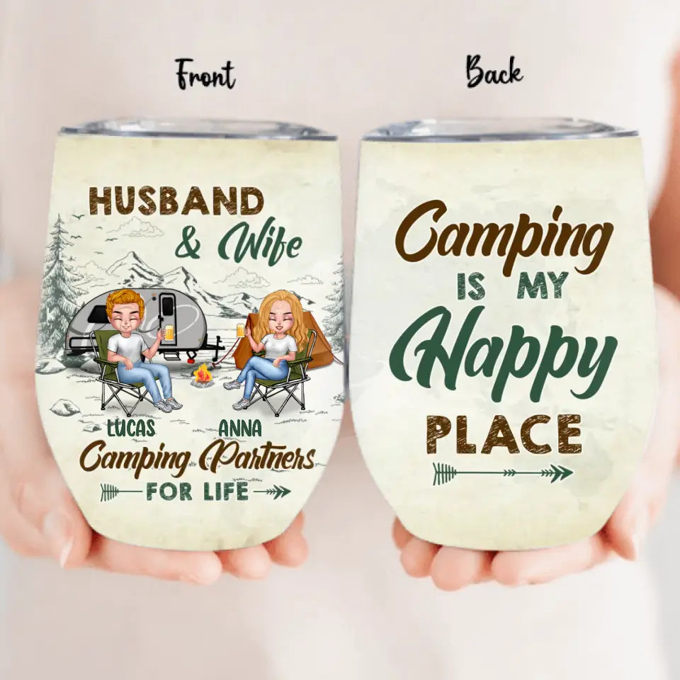 Personalized Camping Couple Wine Tumbler - Gift Idea For Camping Lover/Couple - Camping Is My Happy Place